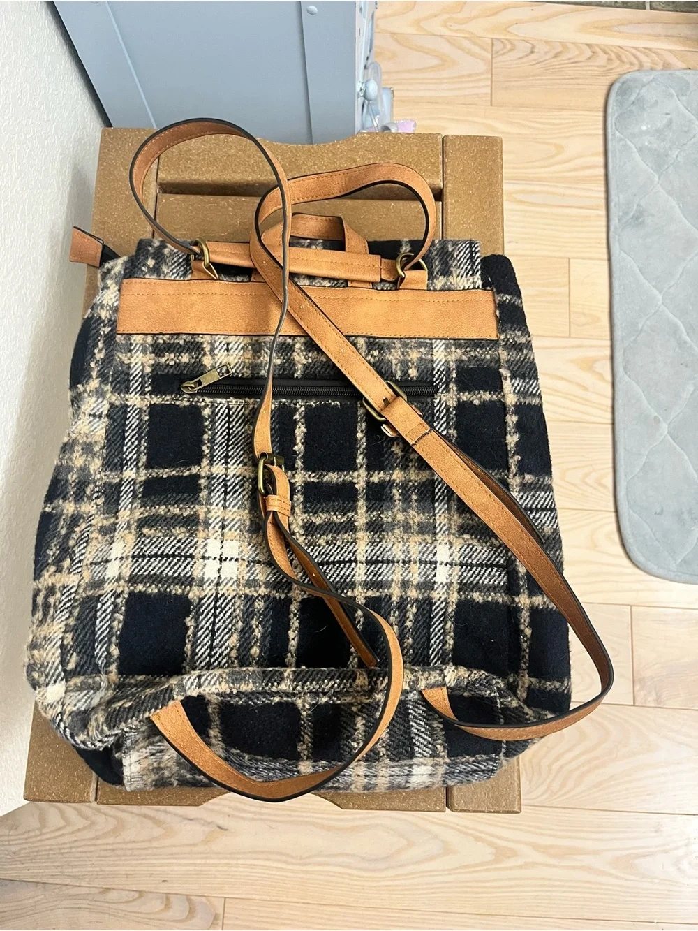 Natural Reflections black and beige plaid backpack
